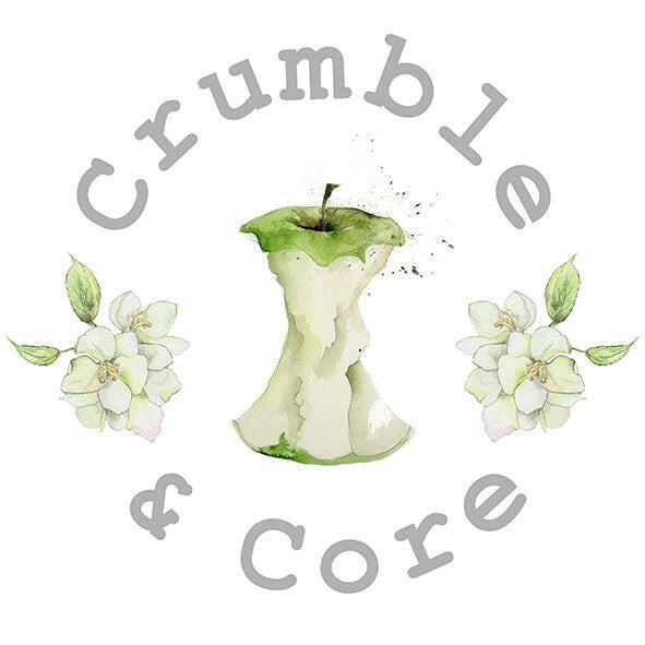 Watercolor green apple core with white blossoms and curved text, delicate and handcrafted theme