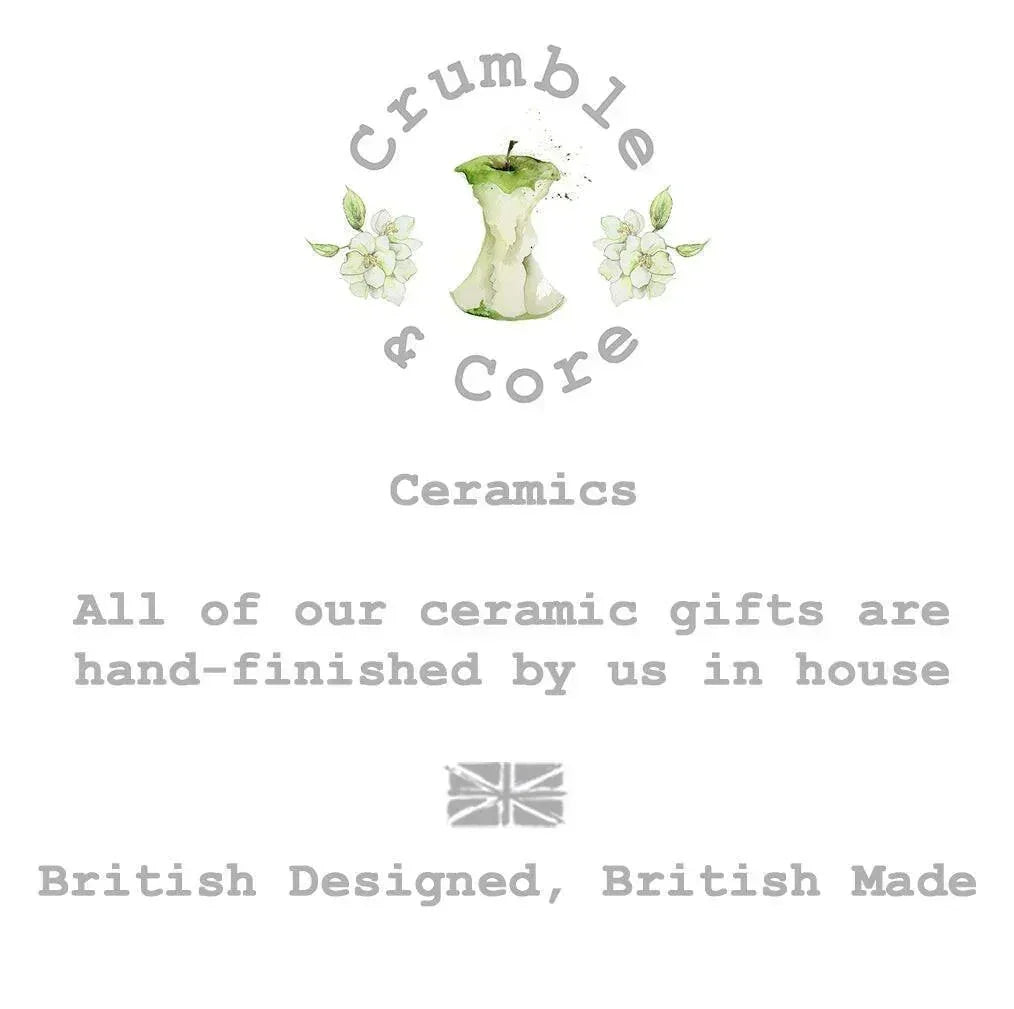 Ceramics gift text with watercolor apple core, flowers, and British flag, handmade UK ceramics.