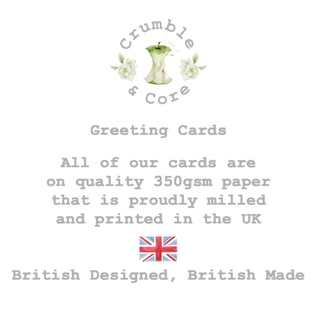 Greeting cards info with apple core logo, British flag, and UK design and print text