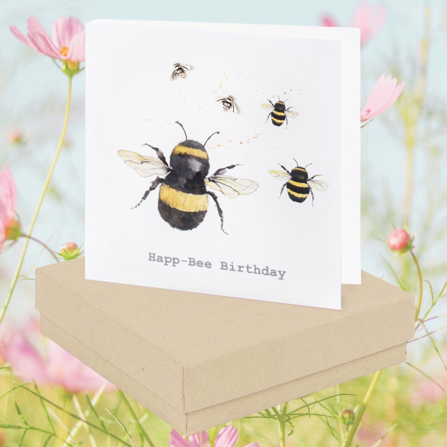 Sterling Silver Stud Earrings – Bee Design Boxed Gift Set with Birthday Card