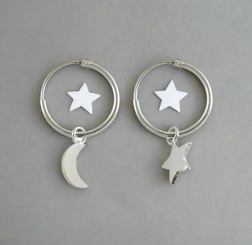 Silver Moon and Star Huggie Hoop Earrings for Celestial Style - Crumble and Core