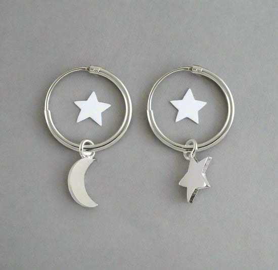 Silver Moon and Star Huggie Hoop Earrings for Celestial Style - Crumble and Core