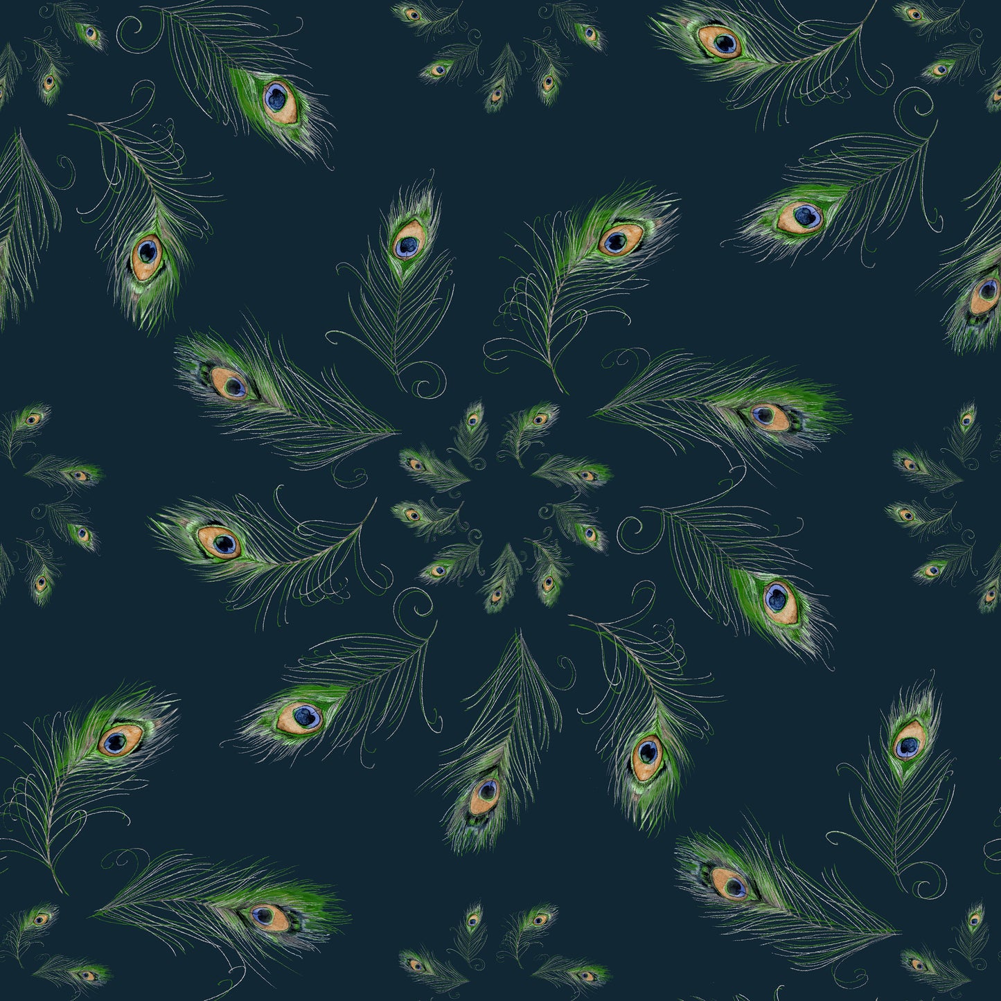 Peacock feathers in a circular pattern on a dark background, elegant decorative design