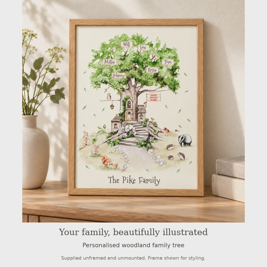Load and play video in Gallery viewer, Personalised Woodland Family Tree Print - A4 Unframed
