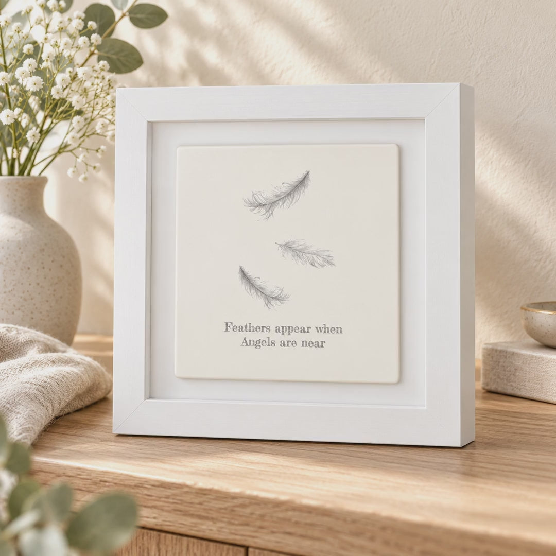 Cargar y reproducir el video en el visor de la galería, Ceramic Framed Tile – Feathers Appear Print With Wooden Frame | Small Wall Art Remembrance Gift
