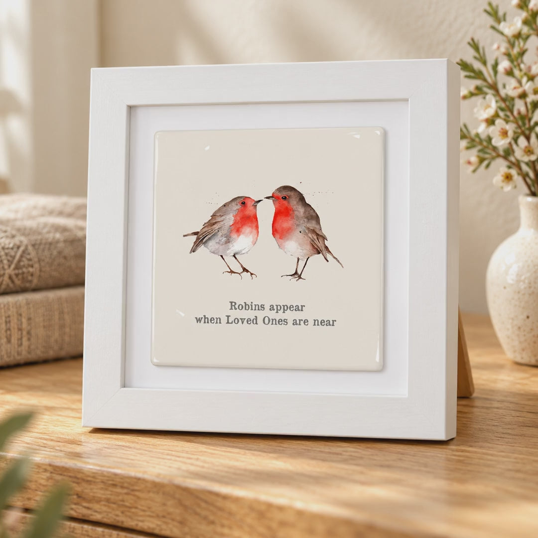 Cargar y reproducir el video en el visor de la galería, Ceramic Framed Tile – Robin Bird Print With Wooden Frame | Small Wall Art Gift
