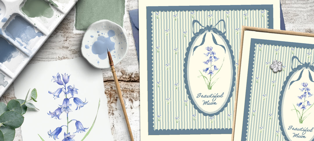 Hand-painted bluebell card for mums, with paint palette, brush, and floral design elements.