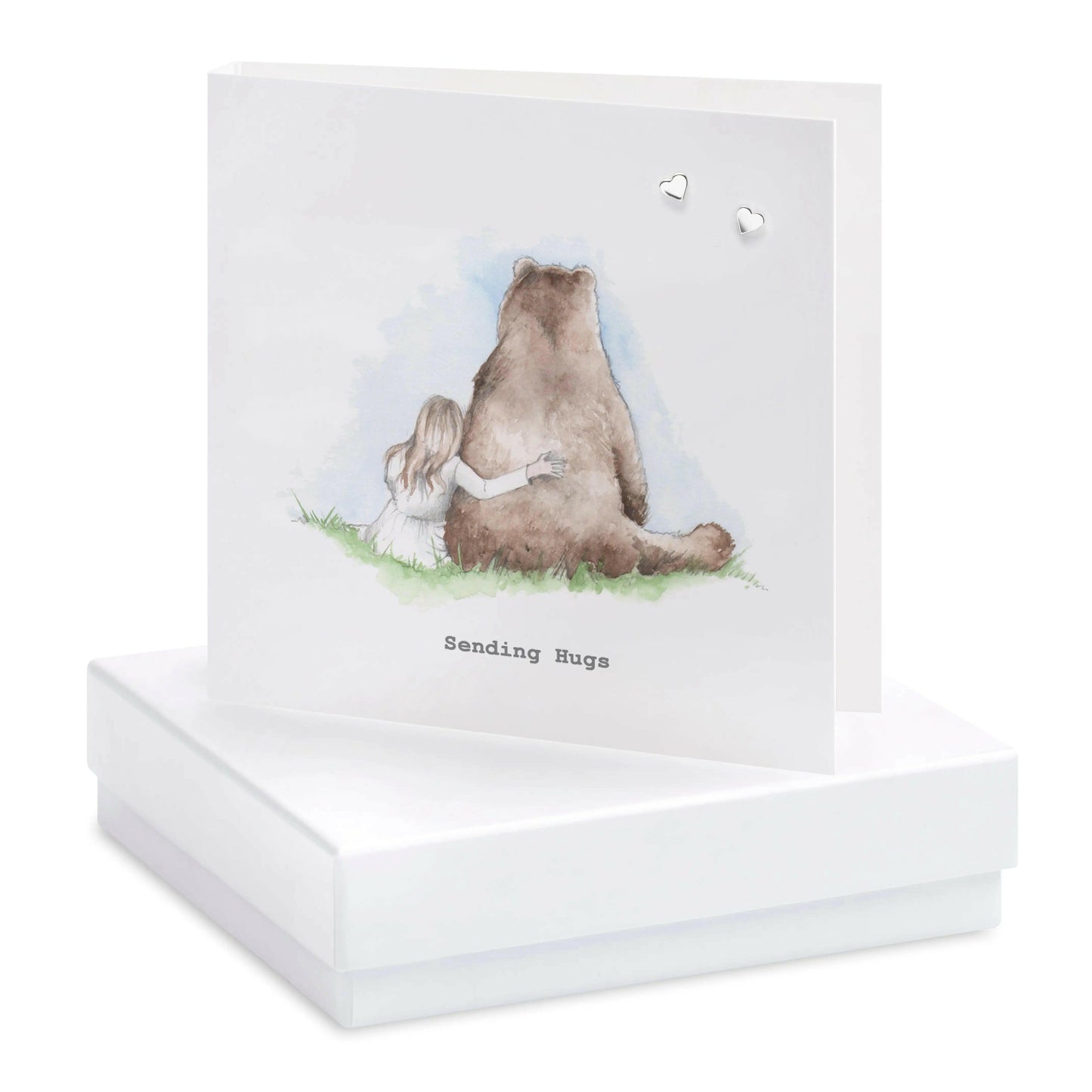 Sterling Silver Heart Stud Earrings Gift Set with Bear Card - Hand Finished Jewellery Gift for Her - Crumble and Core
